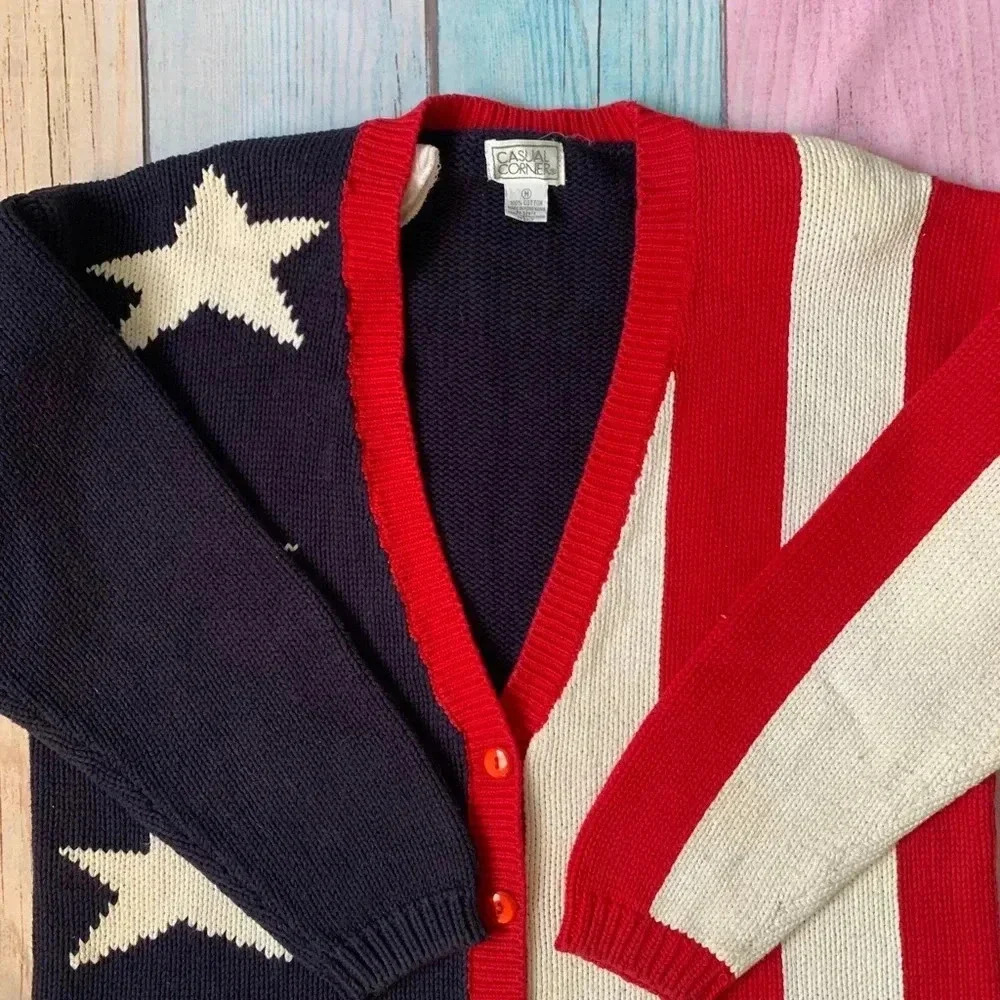 Vintage casual corner 100% cotton American flag V-neck button up sweater - Picture 6 of 8